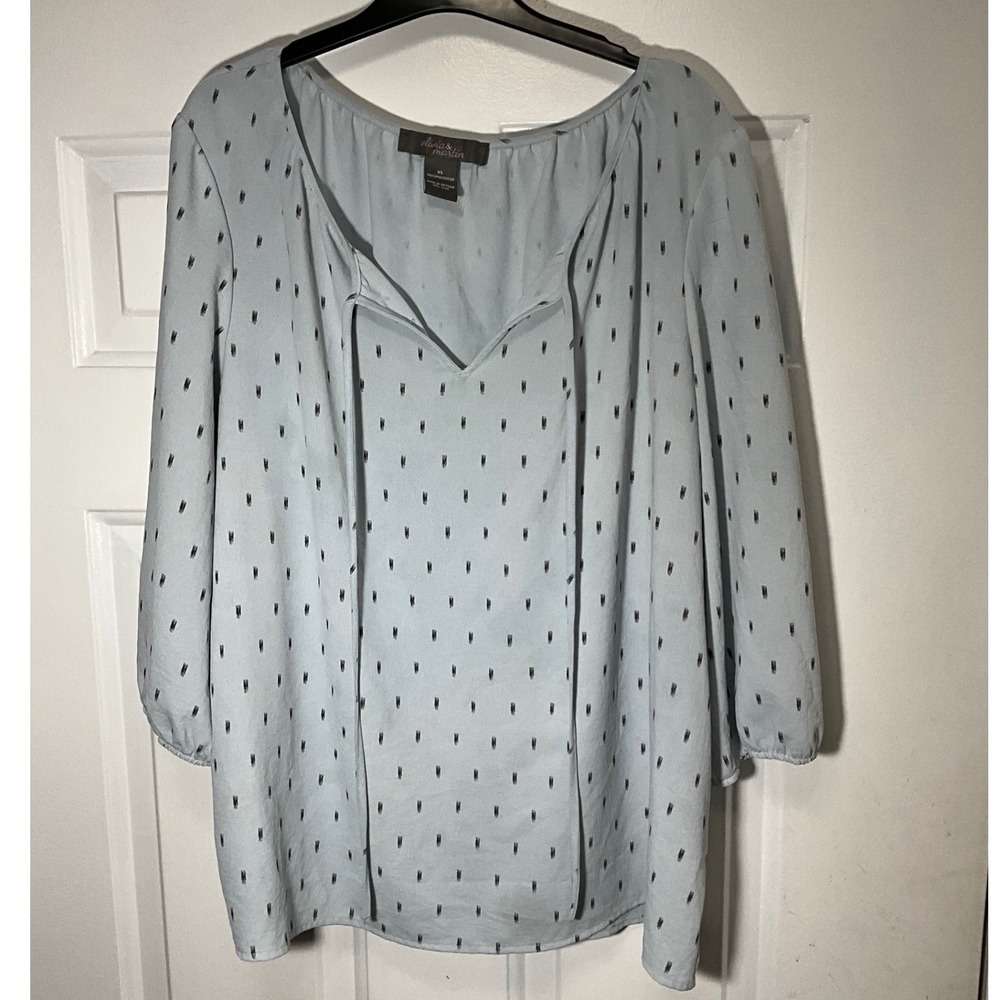 Olivia & Martin Women XL Light Blue Dash Print Tie Neck 3/4 Sleeve Blouse